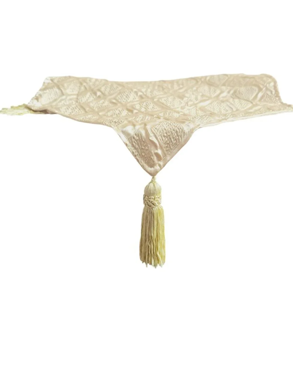 Vtg Y2K Table Runner Tapestry Geometric Pattern Gold Beige Tassels Glam